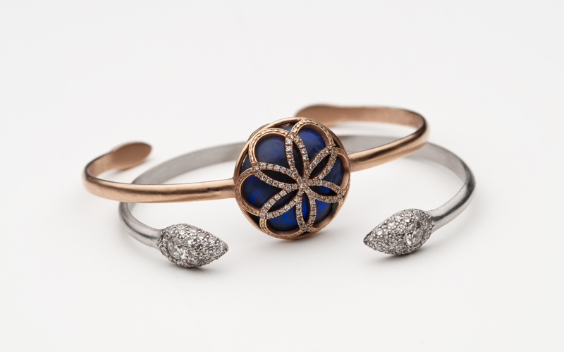 Lapis and diamond cuff bracelets