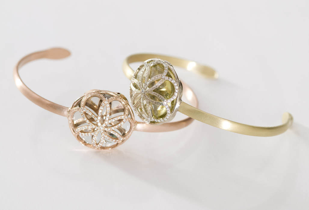 Diamond medallion cuff bracelets in rose and yellow gold