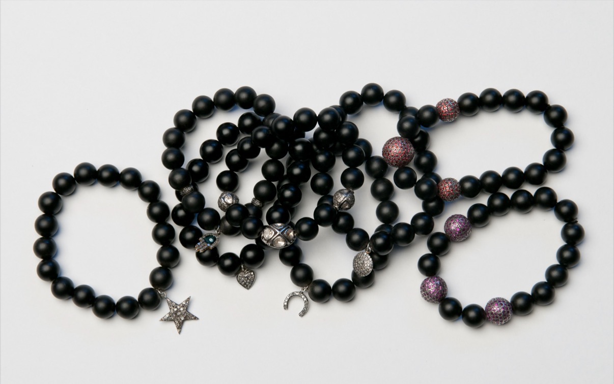 Black onyx bead bracelets with diamond charm collection