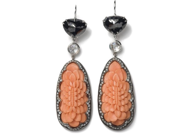 Carved Chrysanthemum Drop Earrings with black and white diamonds