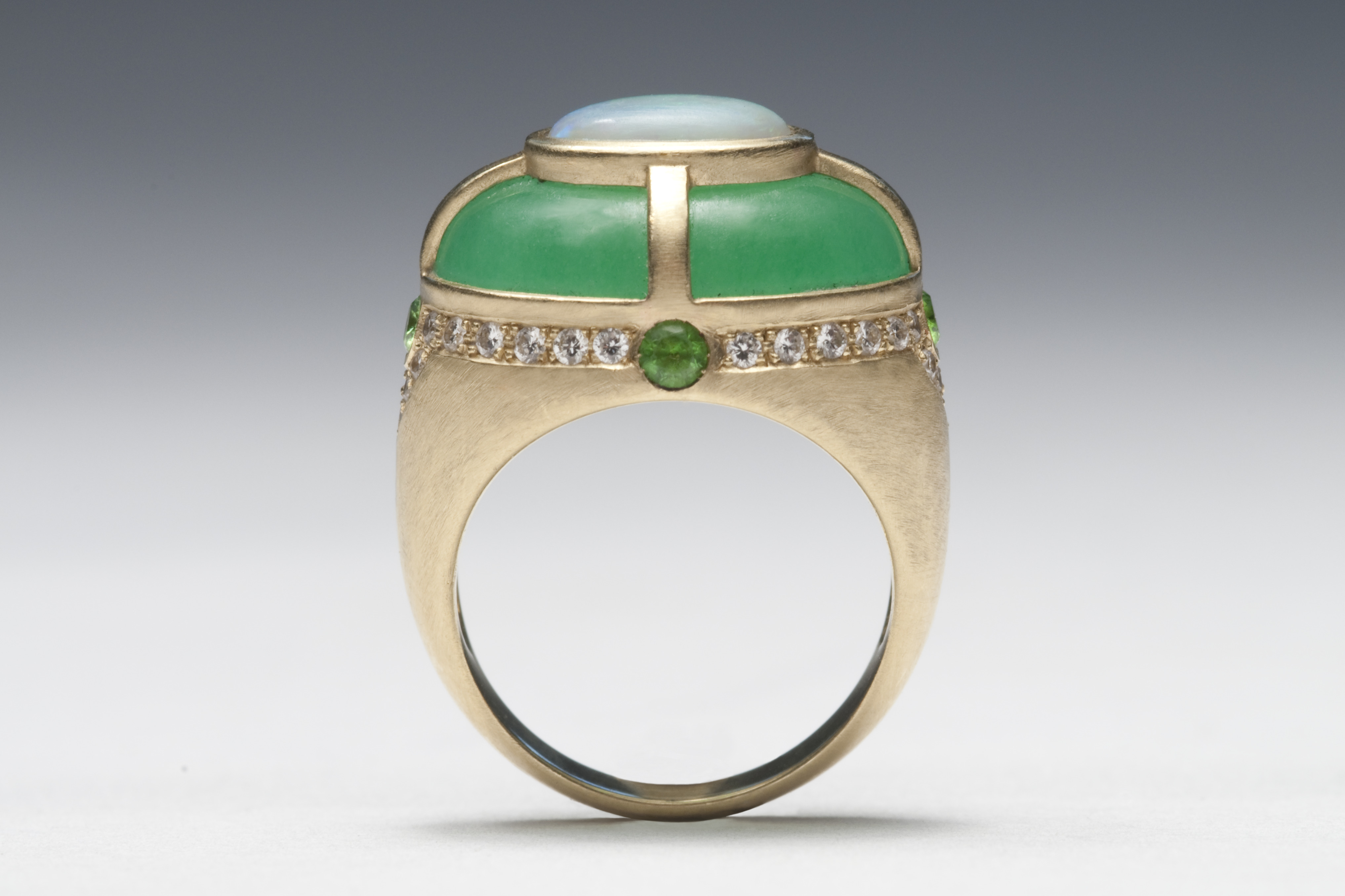 Jade and moonstone dome ring with tsavorite and diamonds