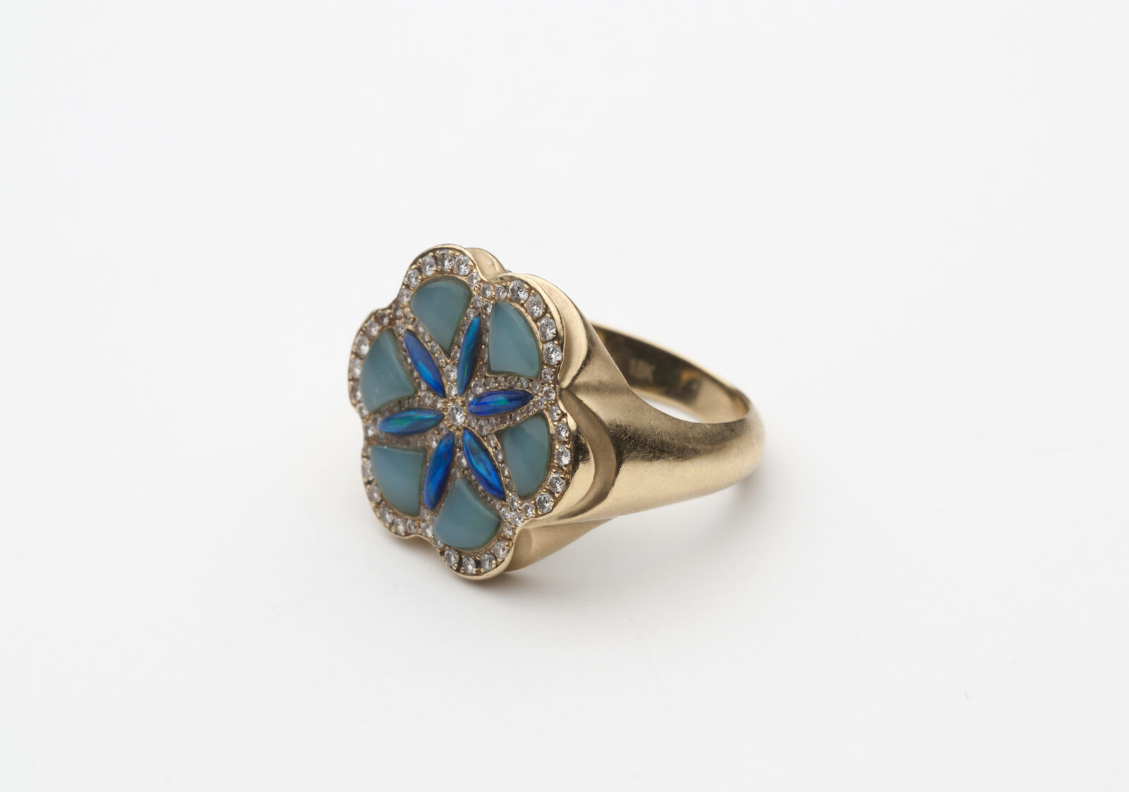 Chalcedony and blue opal flower dome ring in yellow gold